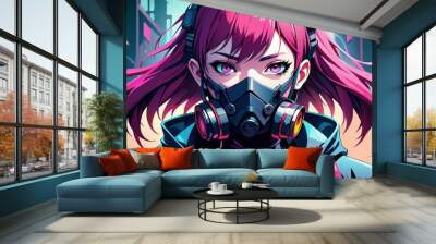 The girl in the gas mask. Vector portrait of a girl. A beautiful girl in the anime style.A stylized portrait of a girl.A riot of colors. bright colors. Youth and freshness. Digital Art Wall mural