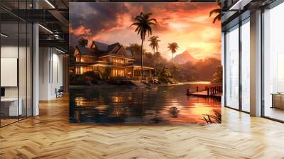 A beautiful beach scene with a house in the background. Wall mural