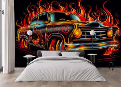 A car with flames on it. Wall mural