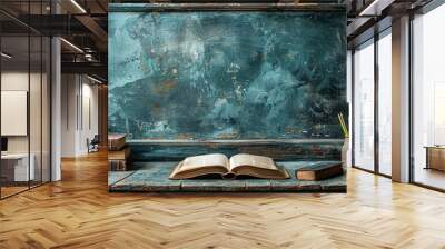 A chalkboard with a globe on it and a leather satchel on the right. Wall mural