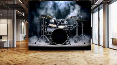 A close up of a drum set with a fire in the background. Wall mural