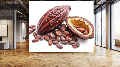 A close up of two chocolate pods with a pile of chocolate beans on top. Wall mural