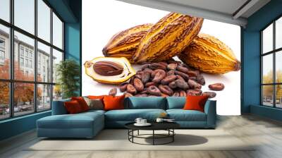 A close up of two chocolate pods with a pile of chocolate beans on top. Wall mural