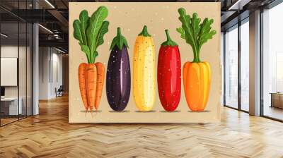 A colorful drawing of various fruits and vegetables, including a mushroom, a tomato, and a carrot. Concept of freshness and abundance, with the vibrant colors and organic shapes of the produce Wall mural