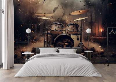 a drum set is shown with a lot of debris around it. Wall mural