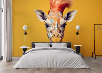 A giraffe with a colorful face painted on it. Wall mural