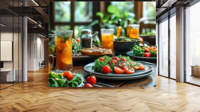 A glass of orange juice is on a wooden table with a plate of berries and a piece of toast. Wall mural