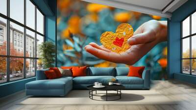 A hand holding a paper heart. The heart is red and has a diamond shape. Concept of love and affection Wall mural