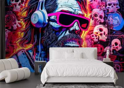 A man with a beard and sunglasses is wearing headphones and smiling Wall mural