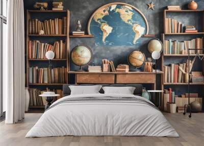 A room with a desk, chair, and bookshelves. Wall mural