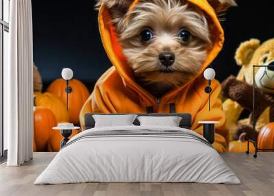 A small dog is wearing an orange hoodie Wall mural