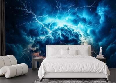 A stormy sky with a bright blue sky and a large bolt of lightning. Wall mural