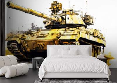 A striking watercolor sketch of a tank with yellow gray lines Wall mural