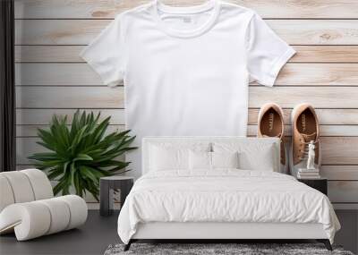 A white shirt and white shoes are on a wooden table. Wall mural