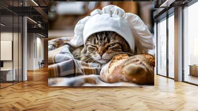 Cat wearing a chef's hat is laying on a bed with a loaf of bread Wall mural