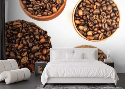 Coffee beans in bowls. View from above. Isolated on white background. Cereal product. Hot drink. Close up. Harvesting. Natural background. Energy. Wall mural