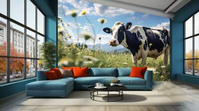 Cow is standing in a field of tall grass. Wall mural