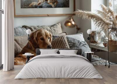 Golden retriever is laying on a bed next to a book Wall mural