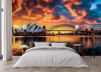 The Sydney Opera House is lit up in the evening sun. Wall mural