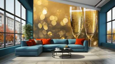 Two champagne glasses filled with bubbly golden liquid. Wall mural