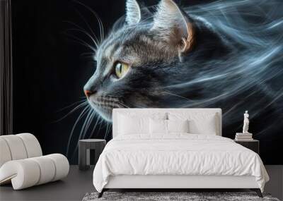 Cat with flowing fur against a dark background capturing motion at dusk Wall mural