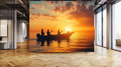 Fishing at sunset on a calm lake with silhouetted anglers in a small boat Wall mural