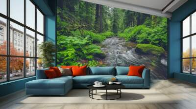 Serene forest stream surrounded by lush greenery in a peaceful woodland setting during daylight Wall mural