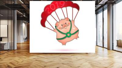 Funny hand-drawn pig. Piggy goes down on a parachute. Chinese New Year. Wall mural