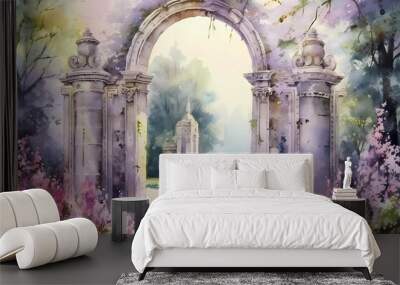 Fantastic gates of paradise decorated with outlandish plants and flowers. Columns with an arch. The way to heaven. Wall mural