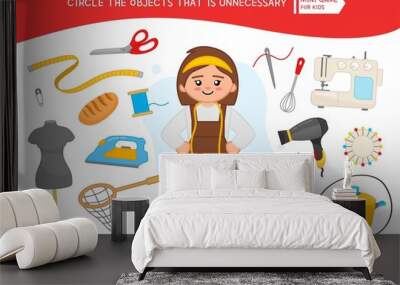 Educational game for children. Cartoon seamstress. Circle the objects that is unnecessary.  Wall mural