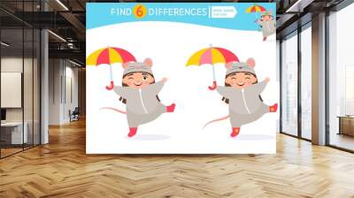 Find differences.  Educational game for children. Cartoon vector illustration of cute child in mouse costume under the umbrella. Wall mural