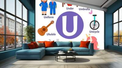 Vector cute kids animal alphabet. Letter U. Set of cute cartoon illustrations.  Wall mural