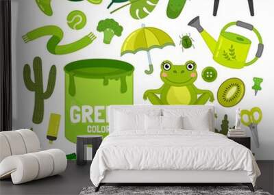 Vector set of green color objects. Learn green color. Illustration of primary colors.
 Wall mural