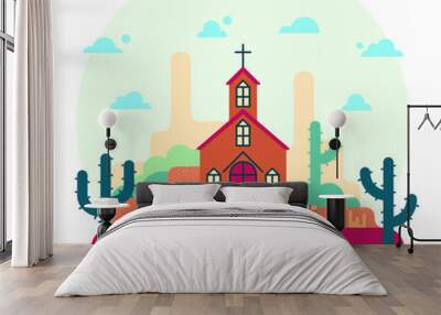 Church in wild west, vector cartoon illustration in flat stile Wall mural