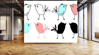 a set of a couple of pink and blue birds. two cartoon birds side view in blue and pink pastel colors, isolated black outline and silhouette for the design template of invitations, postcards for childr Wall mural