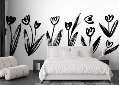 Abstract simple tulips isolated on white background. Brush drawn vector tulips with leaves. Sketchy style floral silhouettes clip arts. Childish drawing of spring flowers. Black and white illustration Wall mural