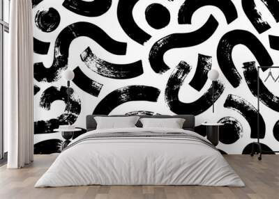 Bold curved lines doodle seamless pattern. Hand drawn organic shapes and thick wavy lines background. Vector geometric textile print. Black paint freehand scribbles, bold dots and circles. Wall mural