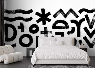 Collection brush drawn various geometric shapes. Hand drawn vector geometric figures isolated on white. Wavy bold lines, circles, square, asterisk and triangle lines. Grunge style black shapes. Wall mural