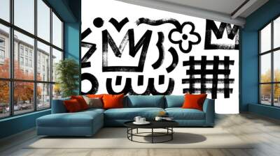 Collection various geometric brush drawn shapes. Crown, arrow, lightning, lattice and squiggles. Bold dry brush strokes. Vector geometric figures and objects. Abstract contemporary trendy banner. Wall mural