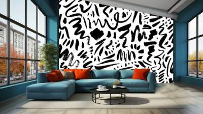 Doodle shapes and lines seamless pattern. Vector abstract dots, brush strokes, bold funky drawing elements. Hand painted ink background. Illustration for fashion design, prints in trendy pop art style Wall mural