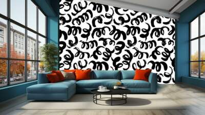 Swirls and curls vector seamless pattern. Grunge black paint brush strokes. Curly hair imitation doodle ornament. Wall mural