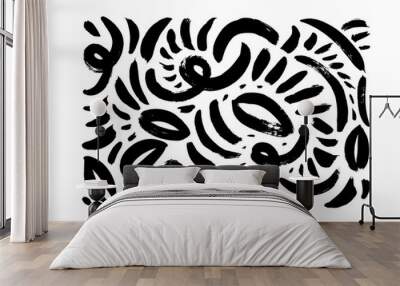 Wavy brush strokes with short lines collection. Brush drawn abstract scribbles, curved strokes isolated on white. Vector chaotic decorative elements. Messy doodles, bold curvy lines illustration.  Wall mural