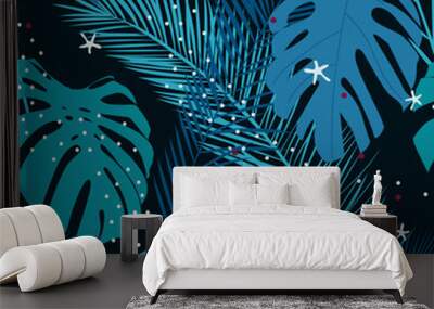 Vector seamless pattern with tropical leaves, starfish on a dark blue background Wall mural