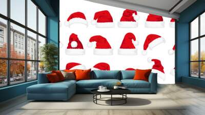 Set of red Christmas Santa Claus hats isolated on white background. Hand drawn simple Santa hats. Wall mural