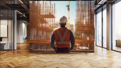 A civil engineer stands looking at the construction site. Generative AI. Wall mural