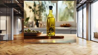 Bottle of olive oil and olives on wooden table in kitchen Wall mural