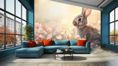 Easter bunny on grass background with copy space. Wall mural