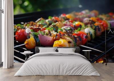 
Grilled vegetable skewers on barbecue grill outdoors, closeup view. Generative AI.
 Wall mural