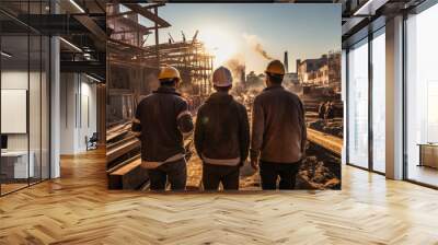 Group of engineer and worker working on construction site at sunset time. Generative AI. Wall mural