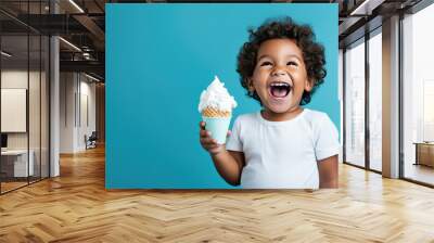 Happy African American child with ice cream in a waffle cone, isolated on blue background. Generative AI. Wall mural